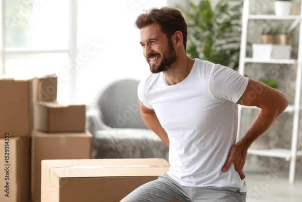 Fototapeta A person experiencing lower back pain while lifting a box. No other visual elements are present in the image.