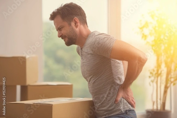Fototapeta A person displaying lower back pain while lifting a box indoors. No other visible elements in the image.