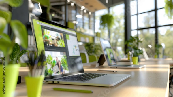 Fototapeta Bright, modern office space with green accents, featuring laptops and potted plants on a wooden desk in sunlit environment. Robotics and automation
