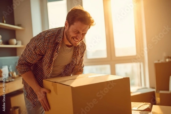 Fototapeta A person experiencing lower back pain while lifting a bowl or cup. No other visible elements in the image.