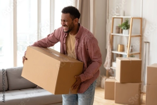 Fototapeta A man is shown experiencing lower back pain while lifting a box in a living room with a couch, potted plant, suitcase, TV, cup, and bottle.