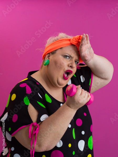 Fototapeta Surprised plus size woman exercising with pink dumbbells on colorful background