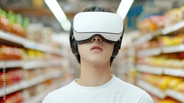 Fototapeta A person wearing a virtual reality headset stands in an aisle of a grocery store, immersed in a digital experience amidst colorful product displays.