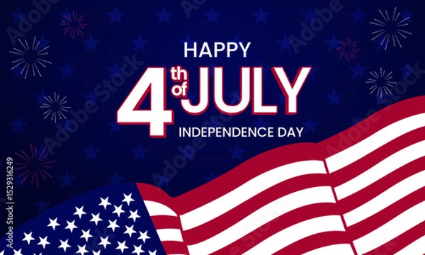 Fototapeta Happy 4th of July USA Independence Day Background with American Flag and Fireworks Vector Illustration. Perfect for banners, posters, social media, and holiday greetings.