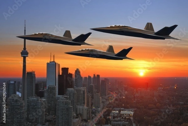 Fototapeta High-rise buildings and skyscrapers reflecting warm sunset colors, with an airplane flying across the orange and pink sky in the background.
