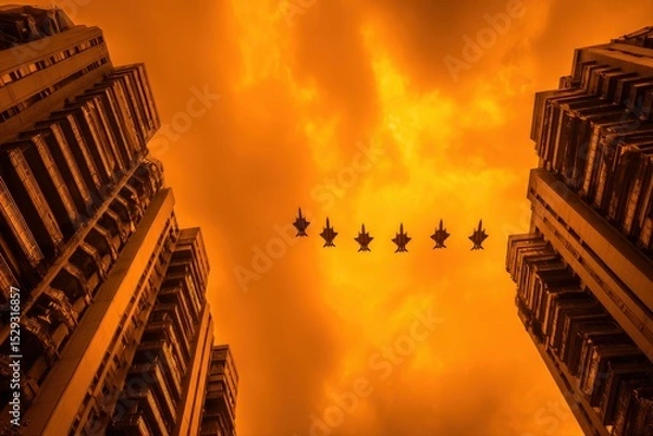 Fototapeta An airplane flies over a vibrant urban skyline at sunset. Silhouettes of buildings and colorful sky create a scenic cityscape view.