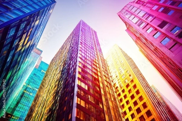 Fototapeta A cityscape dominated by high-rise buildings and skyscrapers under a colorful sunset sky, creating a captivating urban skyline.