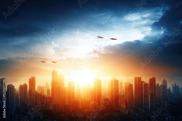 Fototapeta High-rise buildings and skyscrapers against a vibrant sunset sky. An airplane is soaring above, and a kite can be seen flying high in the distance.