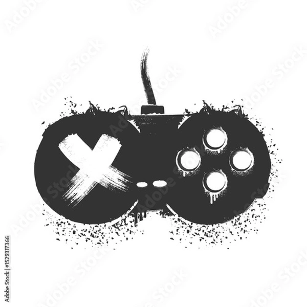 Fototapeta gamepad Spray paint graffiti and game controller with grungy texture. Grunge ink graphic symbol of gamepad, joystick, controller and computer gaming isolated on white background for printing on tee