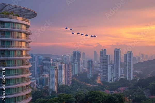 Fototapeta An airplane flying above an urban skyline silhouette at sunset, with buildings and cityscape visible in the background.