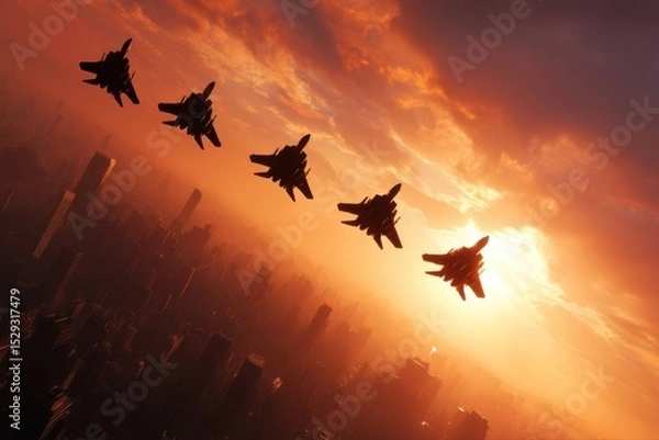 Fototapeta A city skyline at sunset, featuring high-rise buildings with an airplane flying overhead and a kite in the sky.