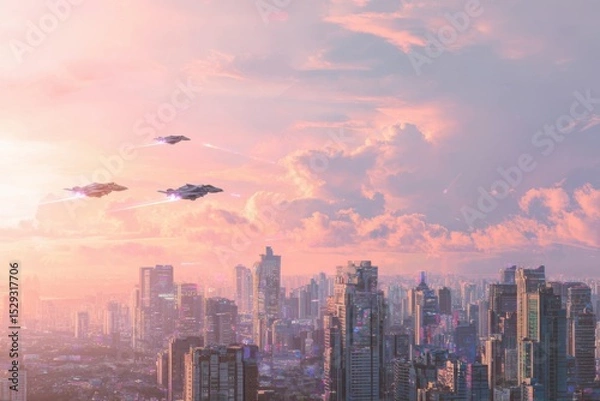 Fototapeta An urban skyline at sunset featuring silhouettes of buildings, with a kite flying in the sky and an airplane in the distance.