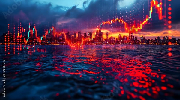 Fototapeta Vibrant City Skyline at Sunset with Overlay of Stock Market Graph