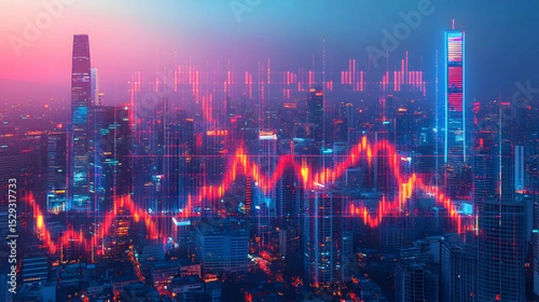 Fototapeta Vibrant Cityscape at Night with Dynamic Financial Data Overlay