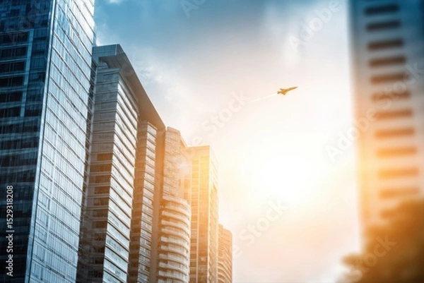 Fototapeta High-rise buildings and skyscrapers glowing in the warm sunset light, with a distant airplane visible in the sky.