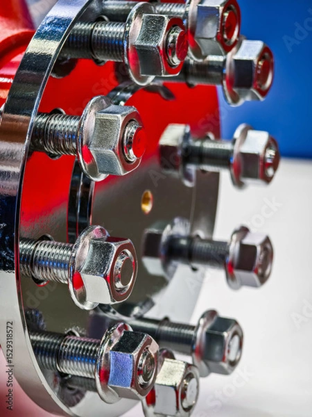 Obraz Close-up view of a shiny, silver mechanical component showcasing precision bolts and nuts in a workshop setting