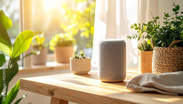 Fototapeta Smart Speaker in a Cozy Living Room: A modern smart speaker sits on a wooden table, surrounded by lush green plants, bathed in the warm, natural light from a nearby window.