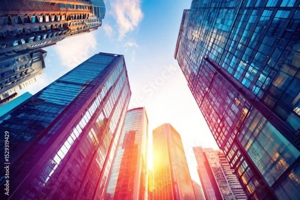 Fototapeta Cityscape with high-rise buildings and skyscrapers illuminated by the warm glow of the setting sun, showcasing modern architecture and urban skyline.