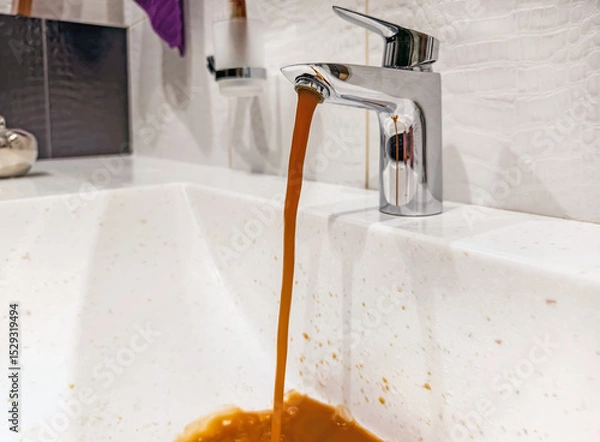 Obraz Water flowing from a modern faucet, leaving a strange brown liquid in a sleek bathroom sink