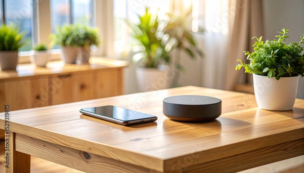 Fototapeta Smart home Technology & Greenery: A modern smart home device and smartphone rest on a wooden table, surrounded by lush green plants, basking in natural light, inviting a serene ambiance.