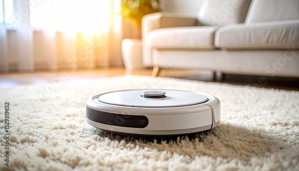 Fototapeta Robot Vacuum Cleaner in a Contemporary Home: A modern robotic vacuum cleaner effortlessly glides across a plush carpet, offering a glimpse into the future of home automation and convenience.