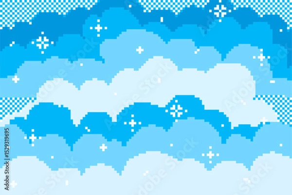 Fototapeta Pixel sky. Blue bright sky with snowflakes, winter clouds. Vector illustration.