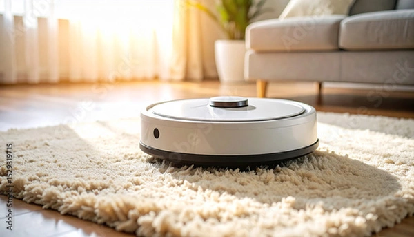 Fototapeta Smart Cleaning Companion: An innovative robotic vacuum navigates a cozy living space, effortlessly maintaining cleanliness on a plush rug, exemplifying modern convenience and automated living.