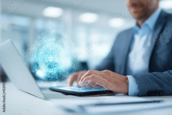 Fototapeta A businessman in a formal attire using a laptop and smartphone for virtual work. Office environment with digital devices on a desk.