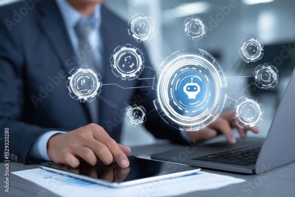 Obraz A businessman in a suit with a tie using a laptop and mouse in a virtual workspace setting, with a clock in the background.