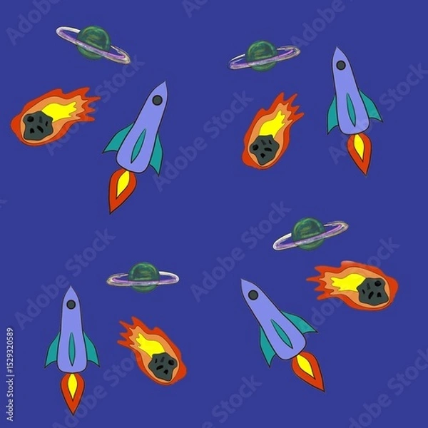 Fototapeta cartoon, vector, illustration, set, pattern, seamless, life, fun, vector, illustration, pattern, seamless, cartoon, design, art, icon, beach, set, symbol, sign, decoration, rocket, textile for childre