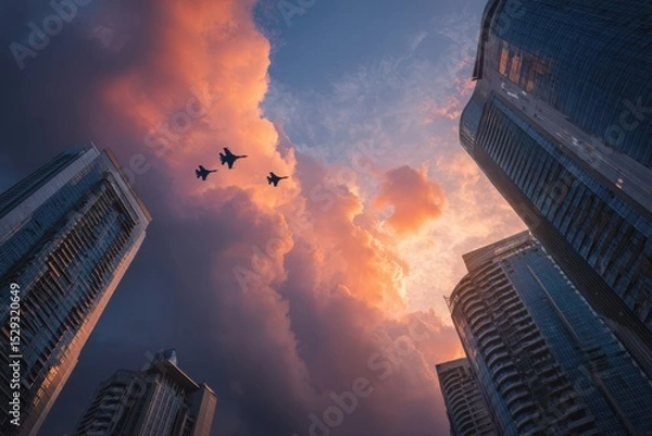 Fototapeta Urban skyline at sunset with silhouettes of tall buildings and skyscrapers, highlighted by golden hues. In the distance, a plane flying across the sky.