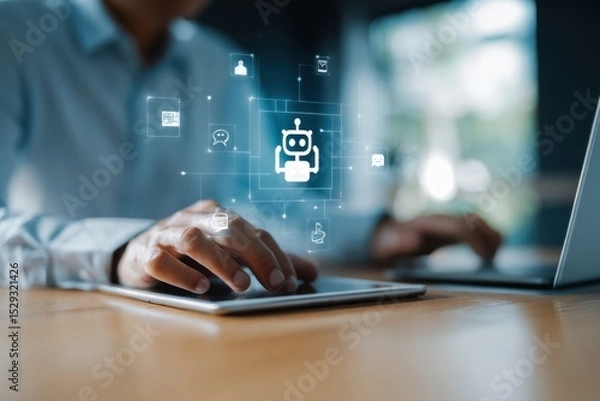 Fototapeta A businessman multitasking with a laptop and tablet in a virtual environment, focusing on technology and multitasking skills.