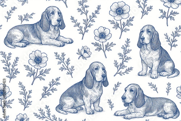 Fototapeta basset hound toile pattern with anemone flowers and botanical foliage in vintage blue ink engraving style seamless design