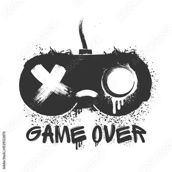 Fototapeta SAD gamepad and game over slogan Spray paint graffiti with grungy texture. Grunge ink graphic symbol of gamepad, joystick, controller and GAME OVER isolated on white background for printing on t shirt