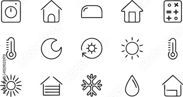 Fototapeta Real estate house icons set with vector home building and green energy roof design illustrations for web and business