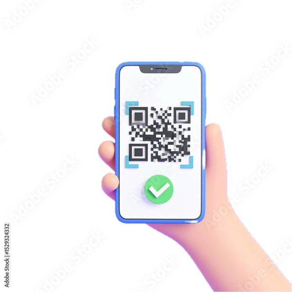Obraz 3D hand holding smartphone scanning QR code with confirmation check mark, mobile payment concept