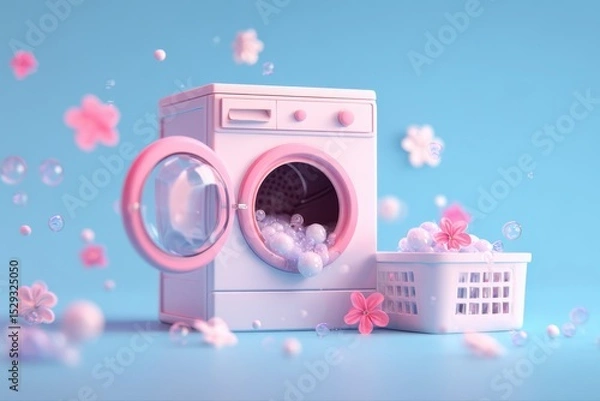 Fototapeta A front view of a washing machine with an open door and soap bubbles inside, against a neutral background.
