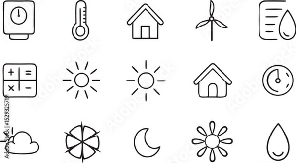 Fototapeta An ecology-themed icon set features vector illustrations of various building silhouettes, including houses and barns, ideal for web design