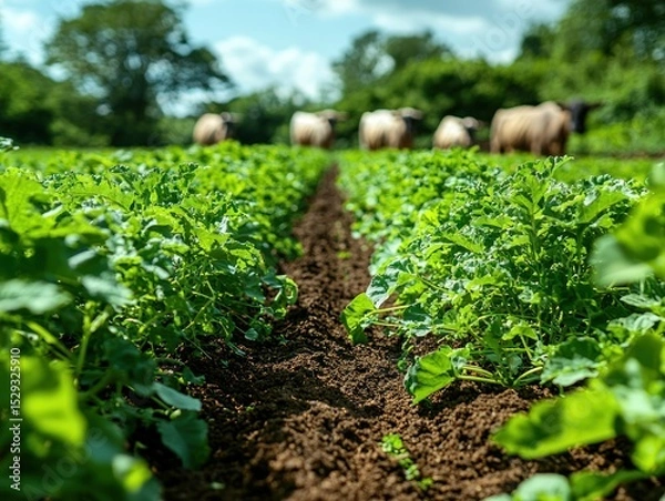Fototapeta Lush potato plants in a farm field with cattle in the background