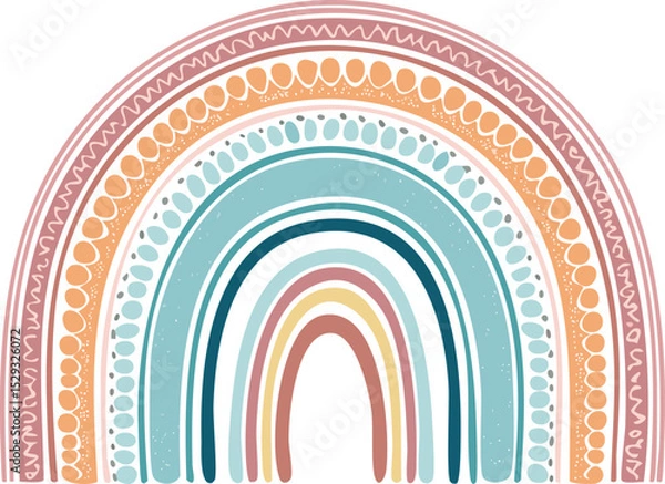 Fototapeta Create a single vector icon of a minimalist pastel rainbow with soft, rounded arches. Use five concentric arcs in soft pastel colors: light pink, yellow, green, lavender, and pale magenta. The design