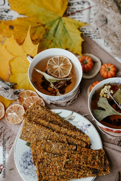 Obraz Cozy autumn vibes with herbal tea, homemade bread, dried citrus slices, and seasonal decor – a perfect setting for relaxation and warmth.