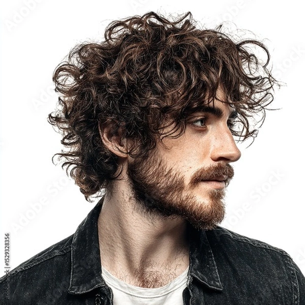 Fototapeta Portrait of a handsome man with curly hair and beard in a denim jacket on a white background studio shot