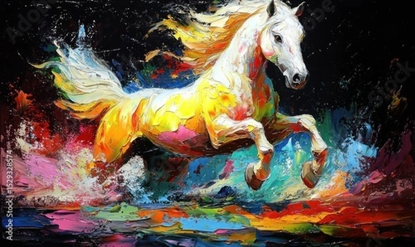 Fototapeta Vibrant white horse dynamically leaping through colorful splashes