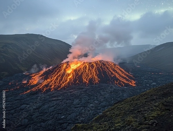 Fototapeta Erupting volcano at dawn, lava flows visible