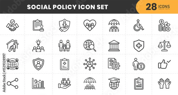 Fototapeta  Social policy Web Icon Set in Line Style. Collection of Social services Linear Icons, Including, healthcare, family, education, protection, law, insurance, healthcare, reform and more.  
