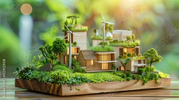 Fototapeta A detailed miniature model showcasing sustainable architecture seamlessly integrated into a meticulously crafted natural environment