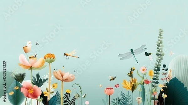 Fototapeta A serene and lush meadow teeming with a diverse array of blooming flowers buzzing bees and fluttering dragonflies creating a harmonious and tranquil natural landscape