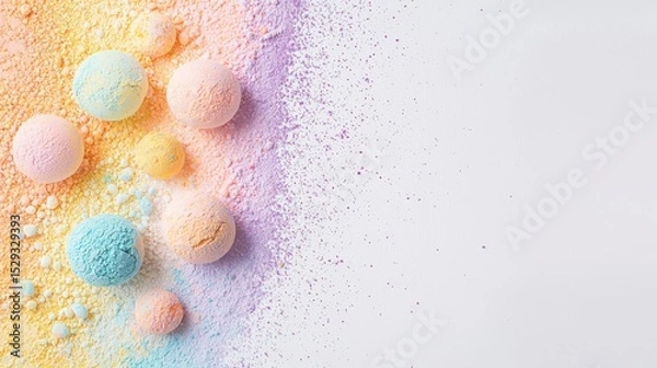 Fototapeta An arrangement of delightful pastel colored classic French pastry presented against a light minimalist background creating a visually appealing and tempting display