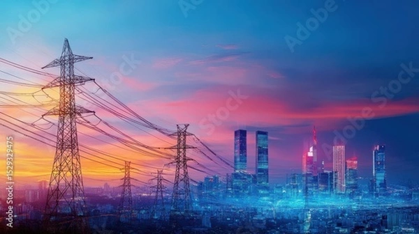 Fototapeta Electricity transmission towers in the foreground with a vibrant colorful sunset over a modern city skyline of skyscrapers and high rise buildings