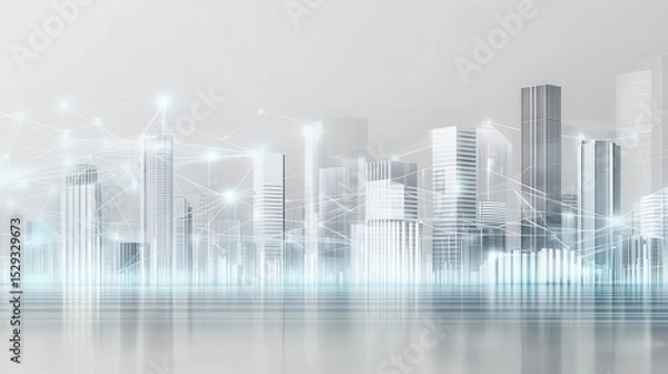 Fototapeta A serene minimalist cityscape with tall sleek skyscrapers and office buildings reflected in the still waters of a lake or river creating a sense of tranquility and sophistication